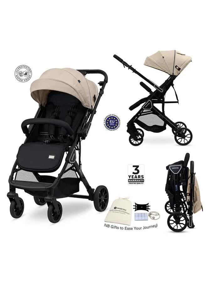 نيوبريز Neobreez QUINT Reversible Handle Lightweight Compact Travel Stroller, Foldable Baby Stroller, Pushchair, Toddler Baby Trolley, Waterproof UPF 50+Canopy,0-4yrs,22kg-Beige